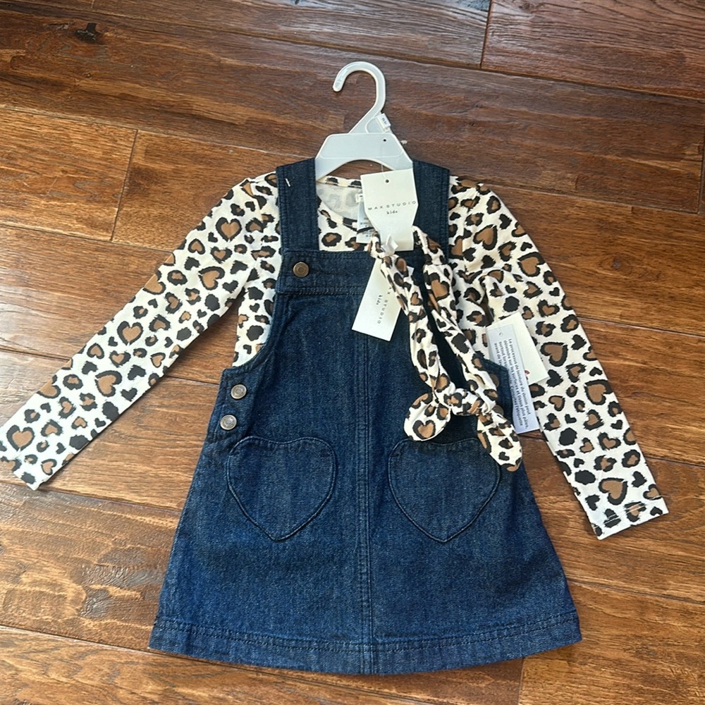 Toddler girl denim dress with leopard shirt